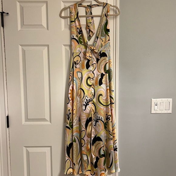 Zara Retro/Y2K Tie Front Paisley Floral Satin Halter Sleeveless Midi Slip Dress - Picture 4 of 16